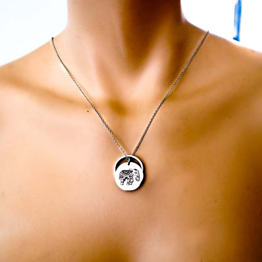 Model wearing elephant rof pendant rhodium short chain