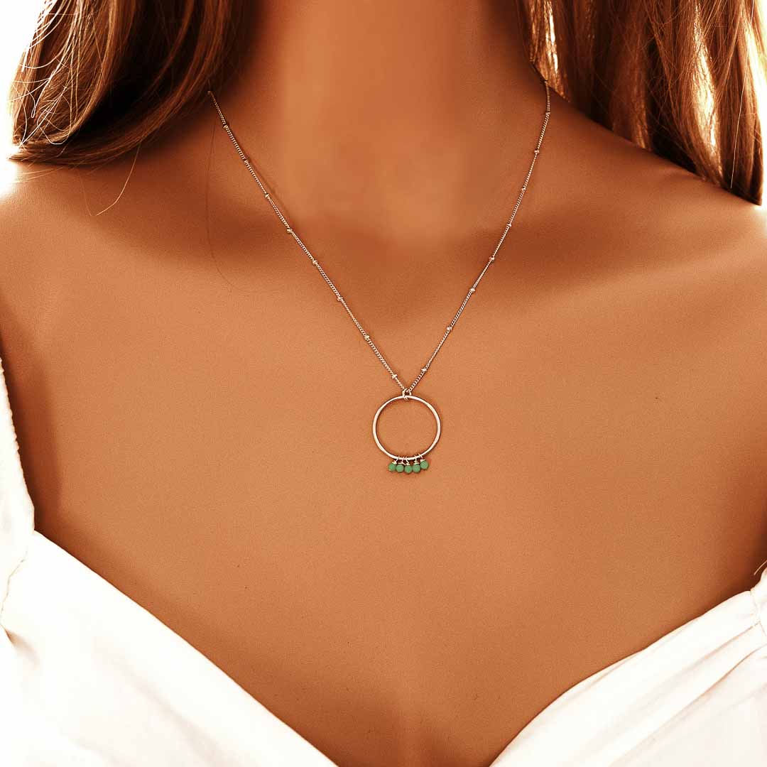 Model wearing Halo Constellation Necklace silver amazonite