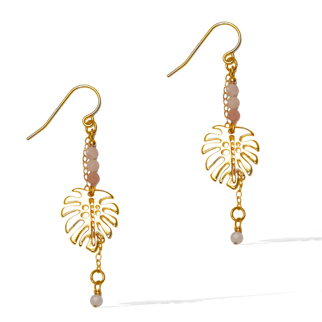 Monstera Pink Opal Drop Earrings - Gold and Pink Opal