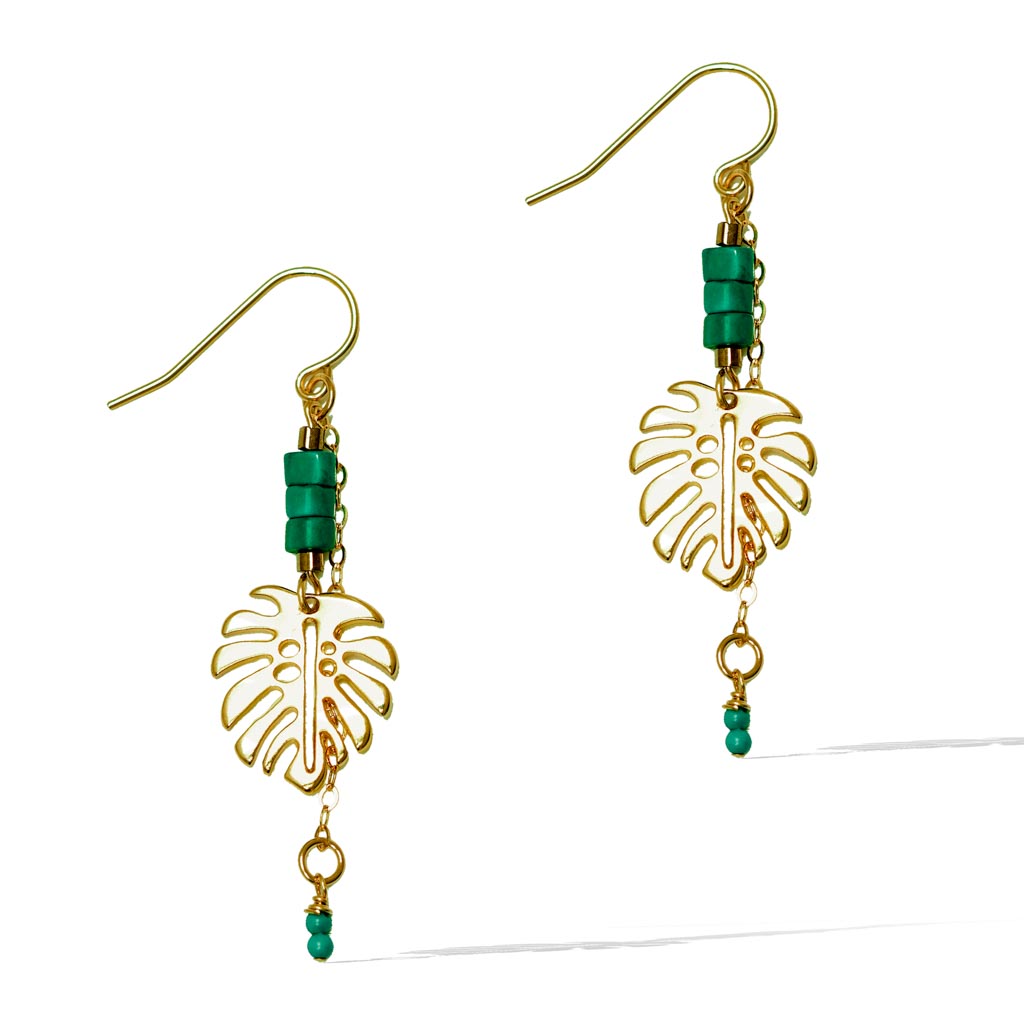 Monstera Turquoise Drop Earrings - Gold and Turquoise