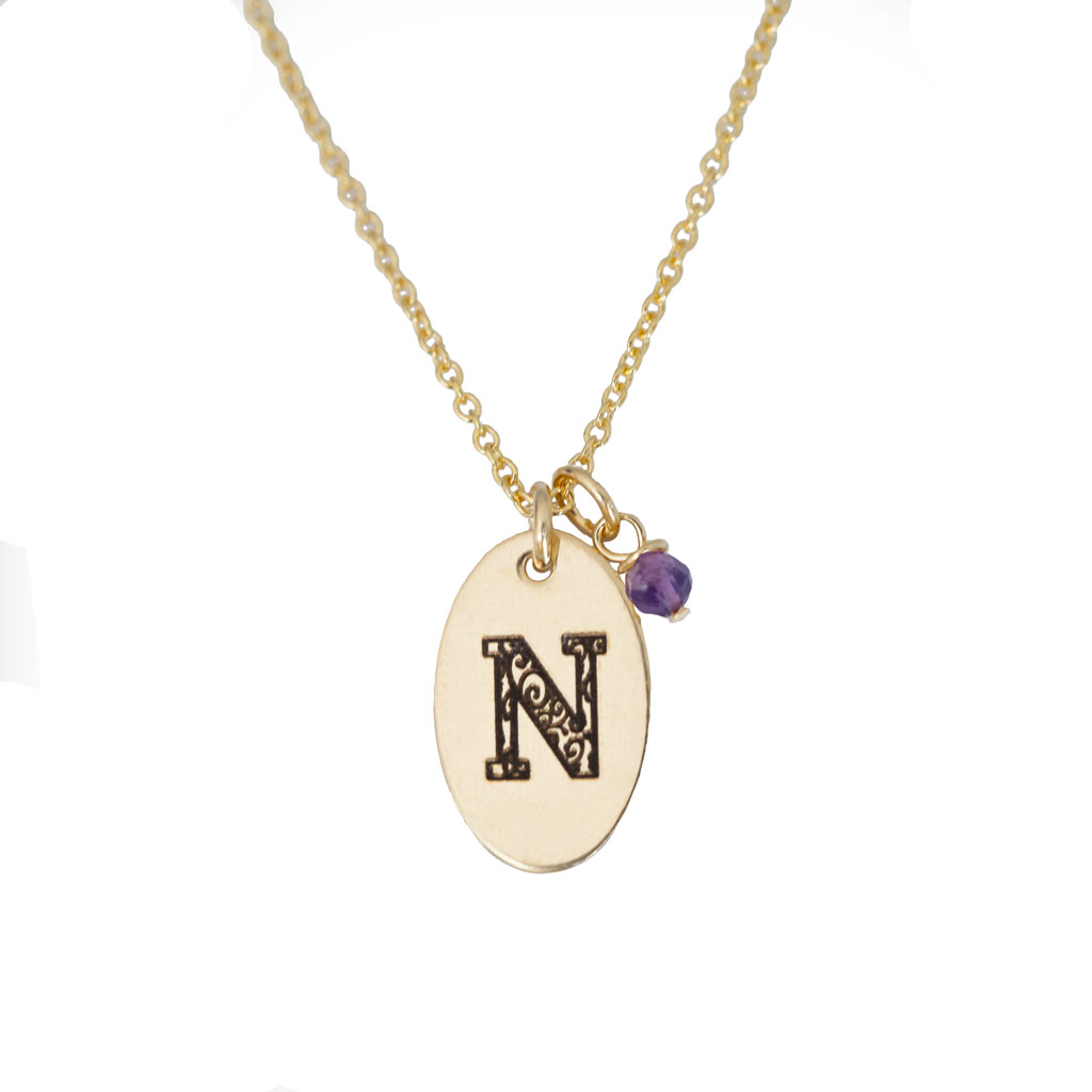 N - Birthstone Love Letters Necklace Gold and Amethyst