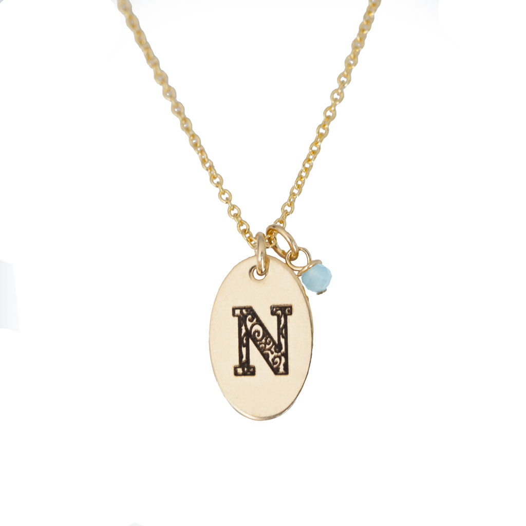 N - Birthstone Love Letters Necklace Gold and Aquamarine