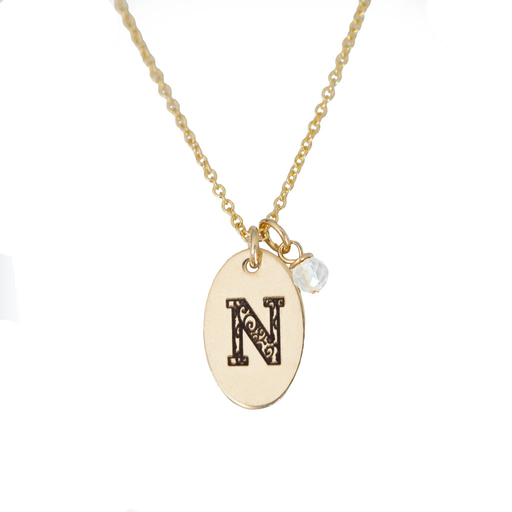 N - Birthstone Love Letters Necklace Gold and Clear Quartz