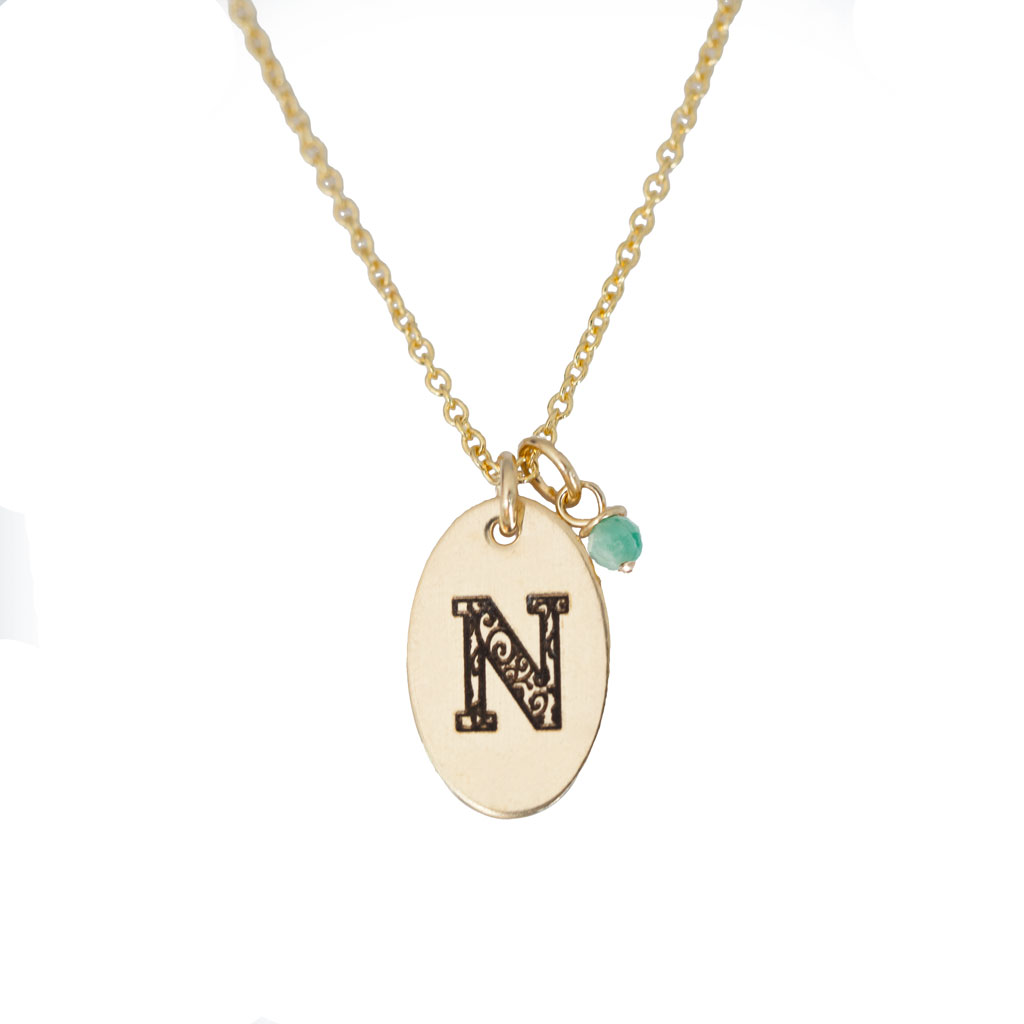 N - Birthstone Love Letters Necklace Gold and Emerald