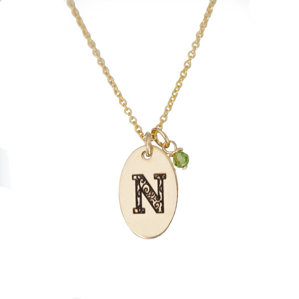 N - Birthstone Love Letters Necklace Gold and Peridot