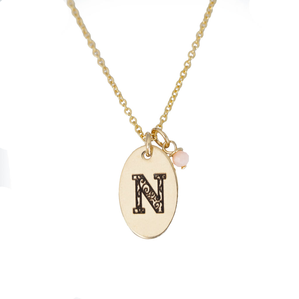 N - Birthstone Love Letters Necklace Gold and Pink Opal