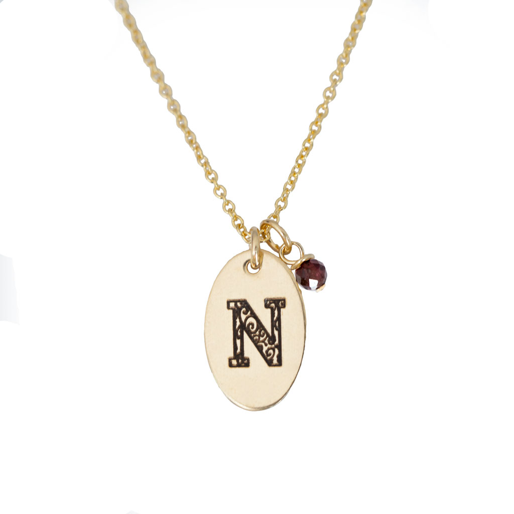 N - Birthstone Love Letters Necklace Gold and Red Garnet