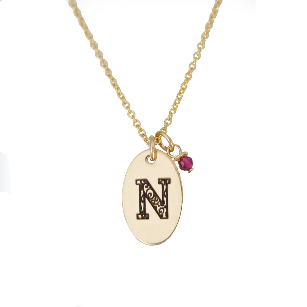 N - Birthstone Love Letters Necklace Gold and Ruby