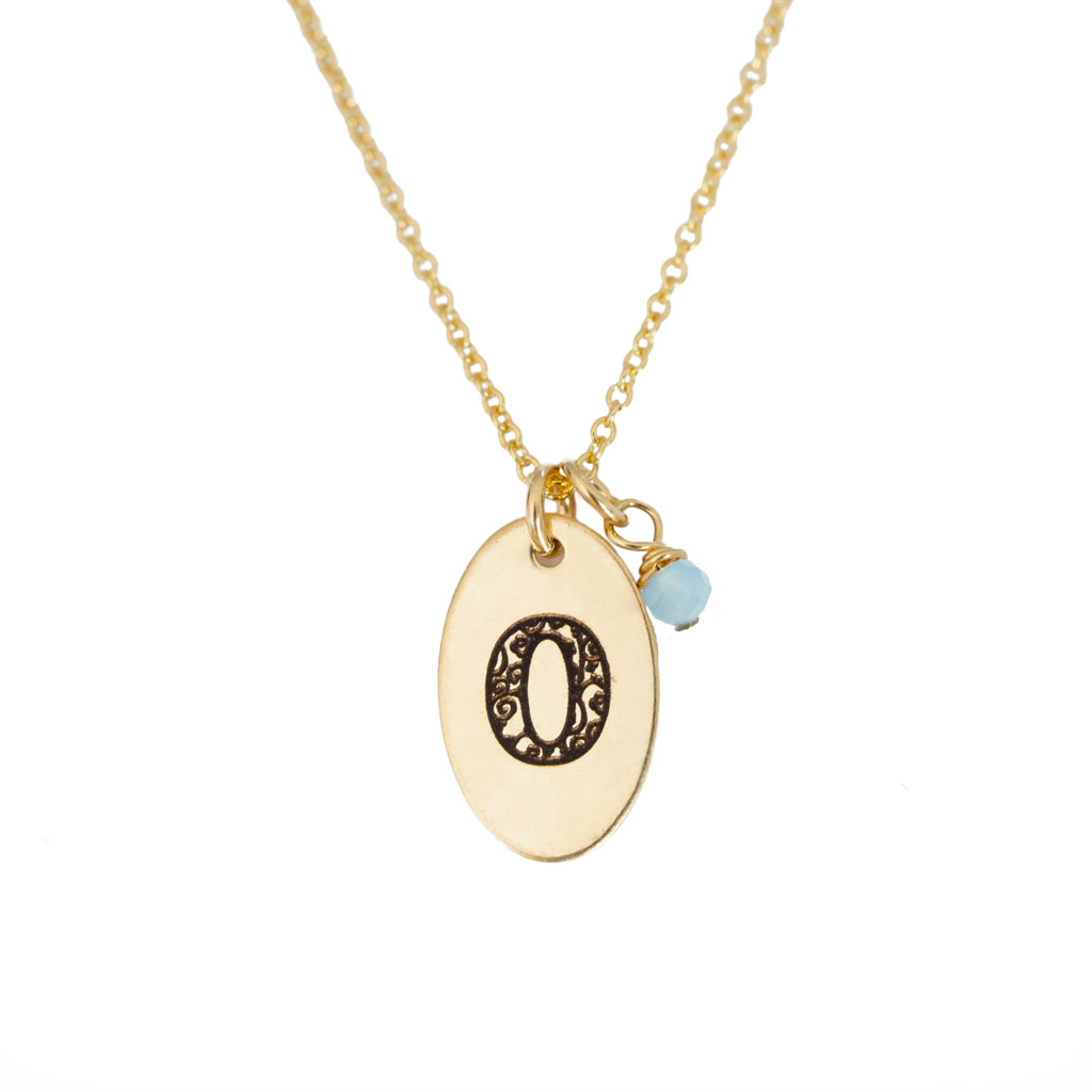 O - Birthstone Love Letters Necklace Gold and Aquamarine