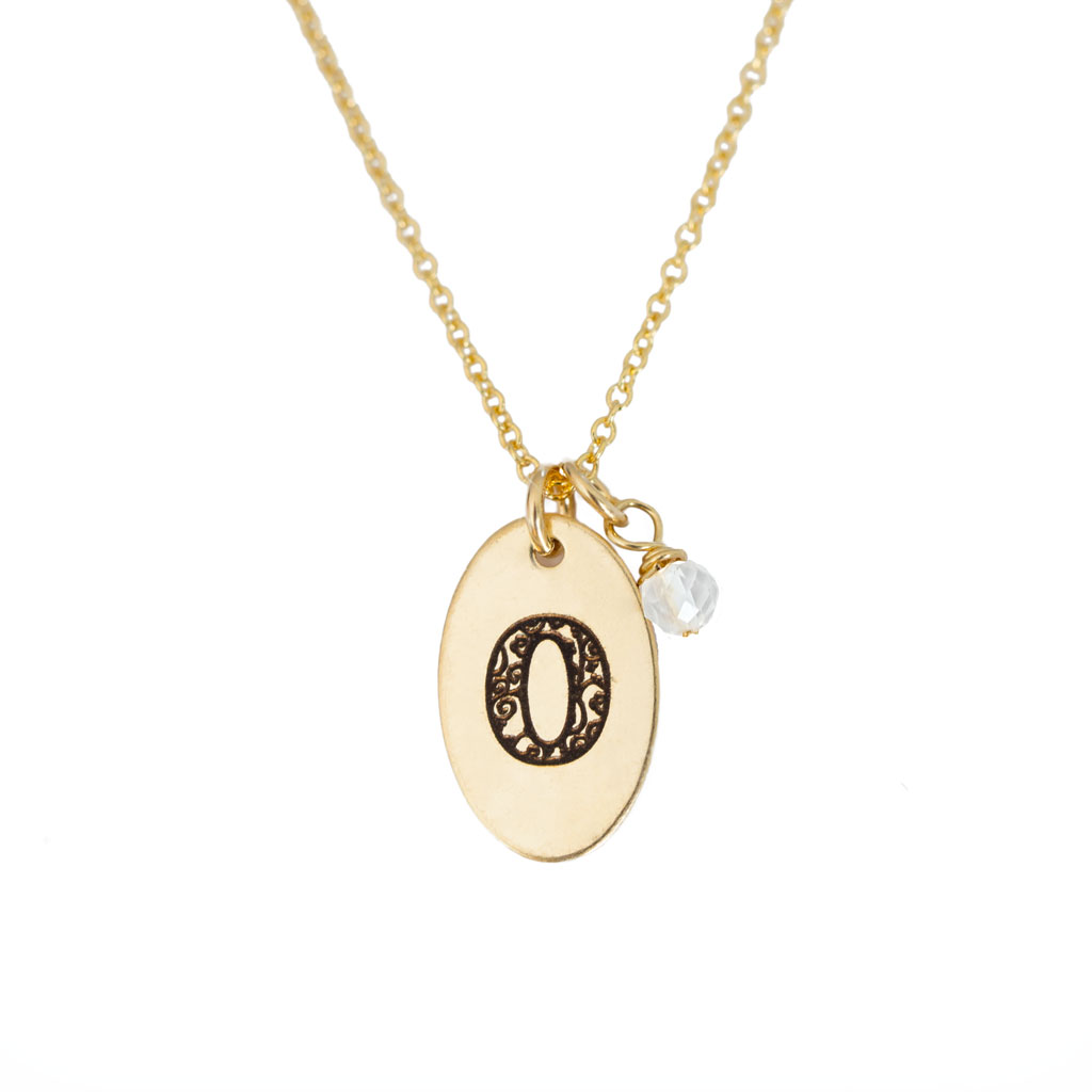 O - Birthstone Love Letters Necklace Gold and Clear Quartz