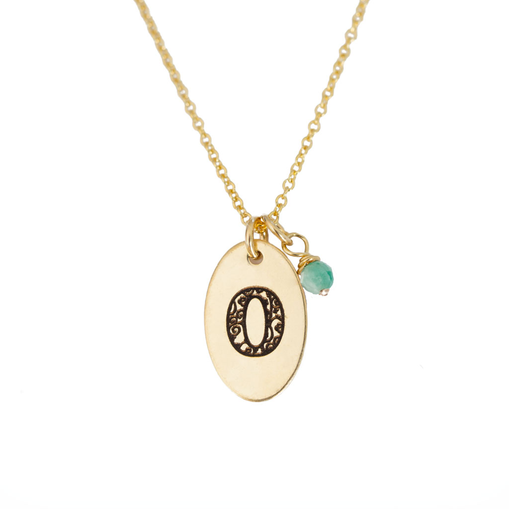 O - Birthstone Love Letters Necklace Gold and Emerald