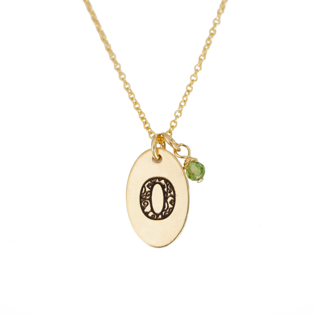 O - Birthstone Love Letters Necklace Gold and Peridot