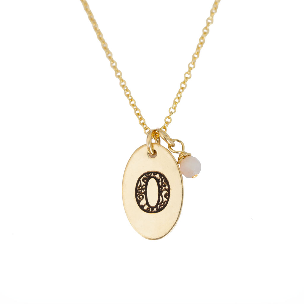 O - Birthstone Love Letters Necklace Gold and Pink Opal