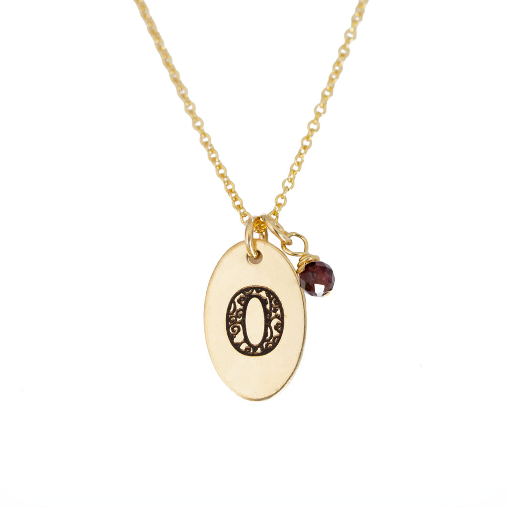 O - Birthstone Love Letters Necklace Gold and Red Garnet
