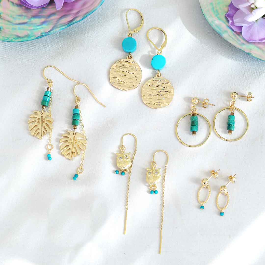Orbit- Equilibria- Monstera and Owl Earrings Gold and Turquoise