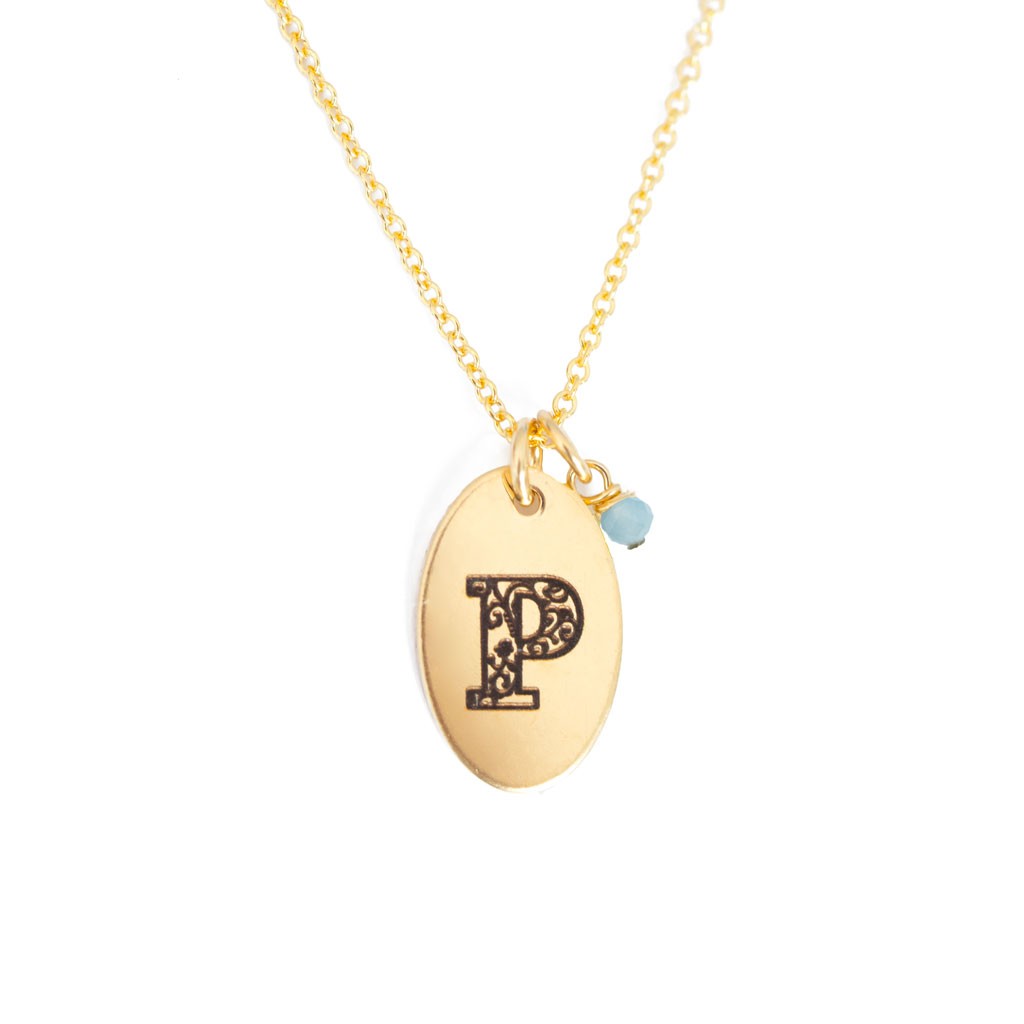 P - Birthstone Love Letters Necklace Gold and Aquamarine