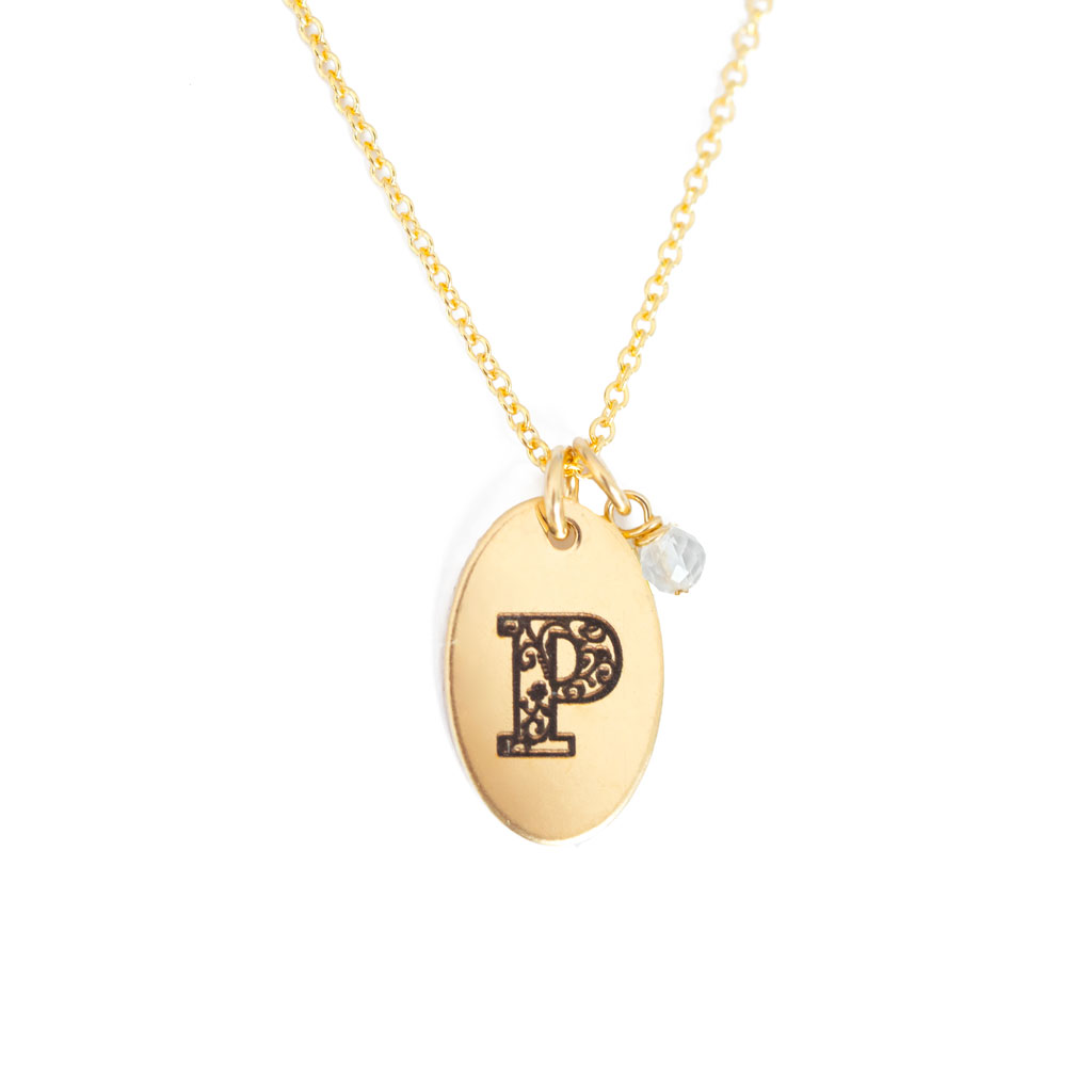 P - Birthstone Love Letters Necklace Gold and Clear Quartz
