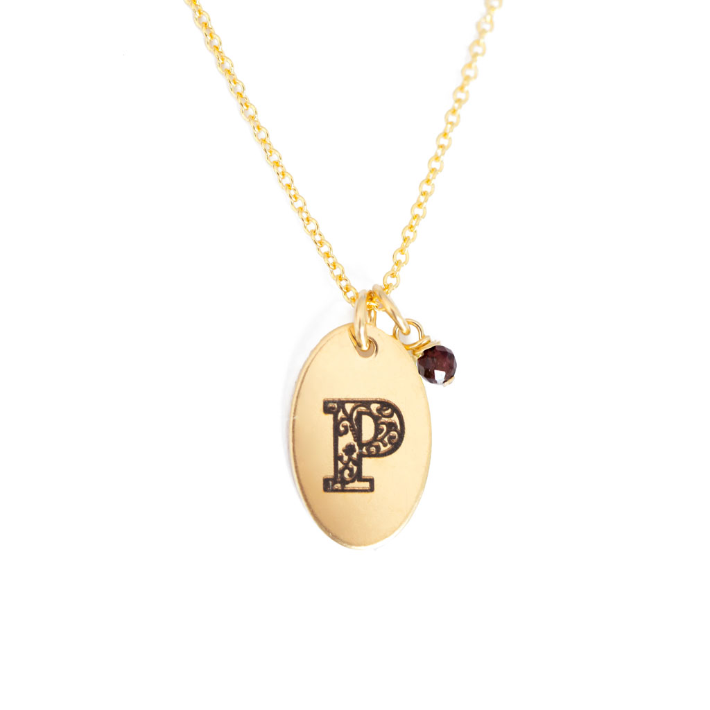 P - Birthstone Love Letters Necklace Gold and Red Garnet