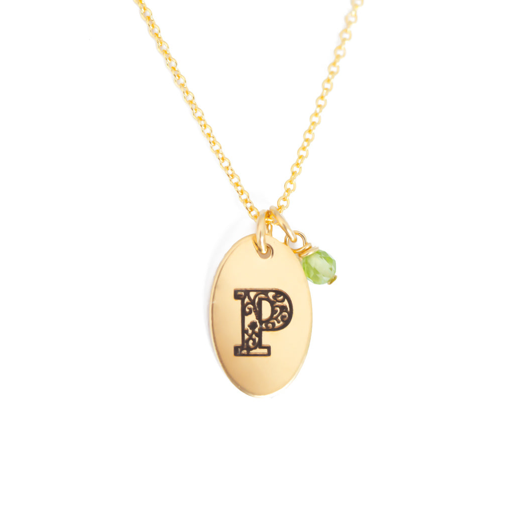 P - Birthstone Love Letters Necklace Gold and Peridot