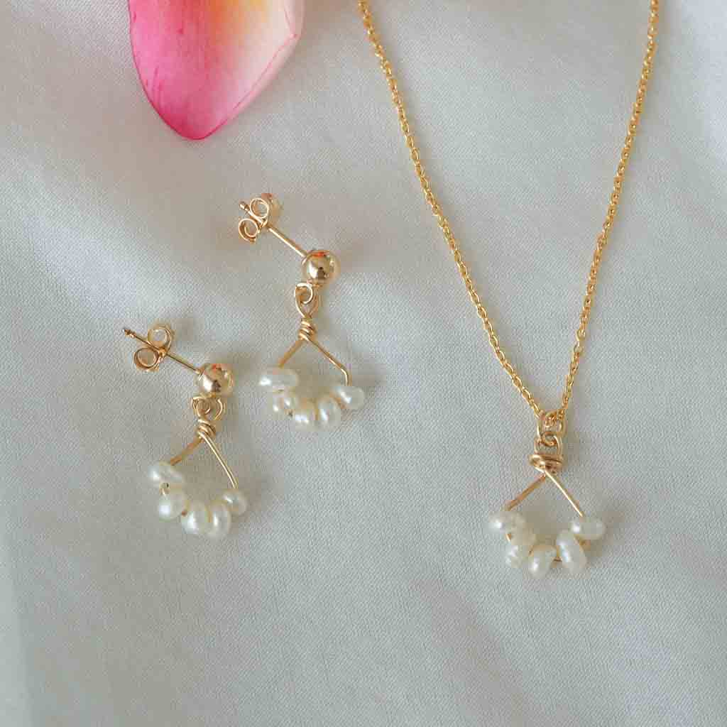 Angel 5 14K gold filled earrings and necklace with natural pearl gemstones  flatlay
