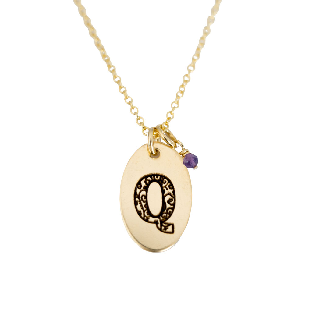 Q - Birthstone Love Letters Necklace Gold and Amethyst