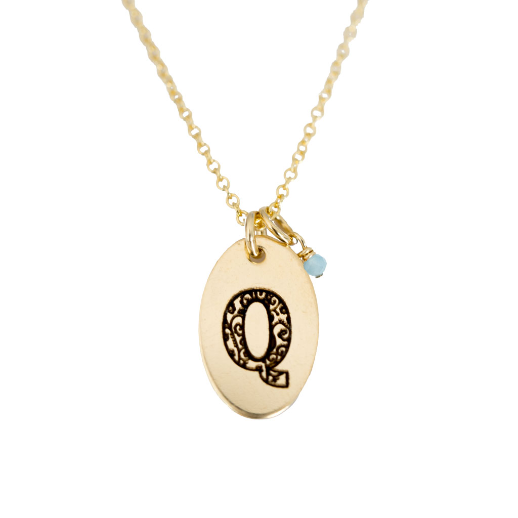 Q - Birthstone Love Letters Necklace Gold and Aquamarine