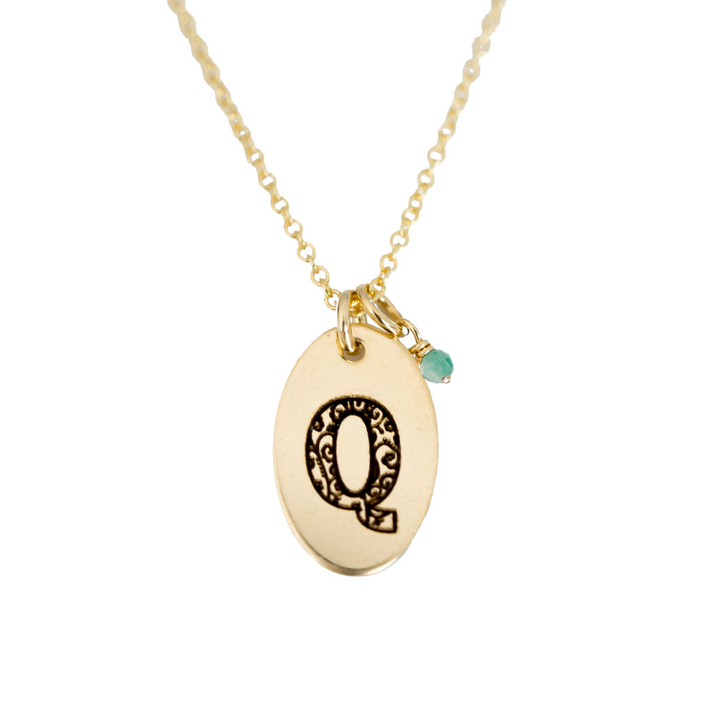 Q - Birthstone Love Letters Necklace Gold and Emerald