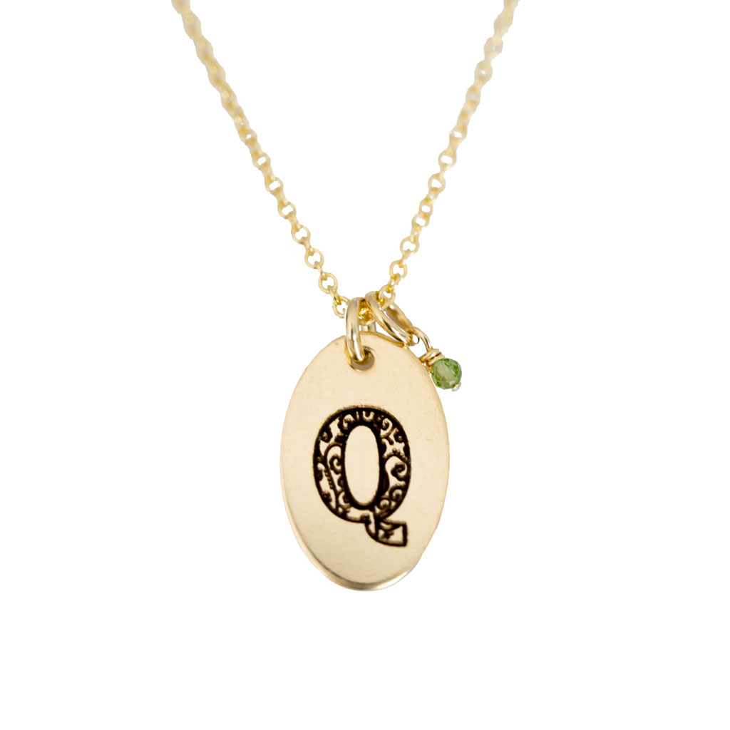 Q - Birthstone Love Letters Necklace Gold and Peridot