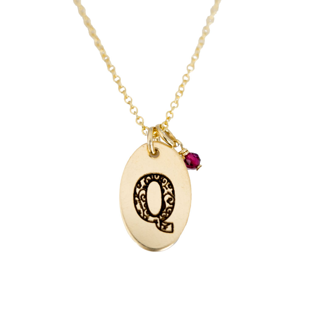 Q - Birthstone Love Letters Necklace Gold and Red Garnet