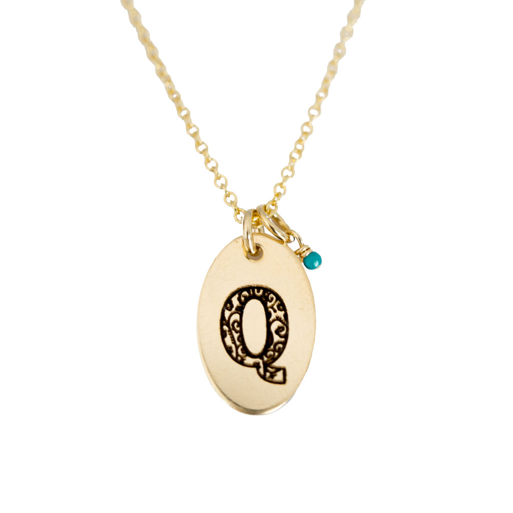 Q - Birthstone Love Letters Necklace Gold and Turquoise
