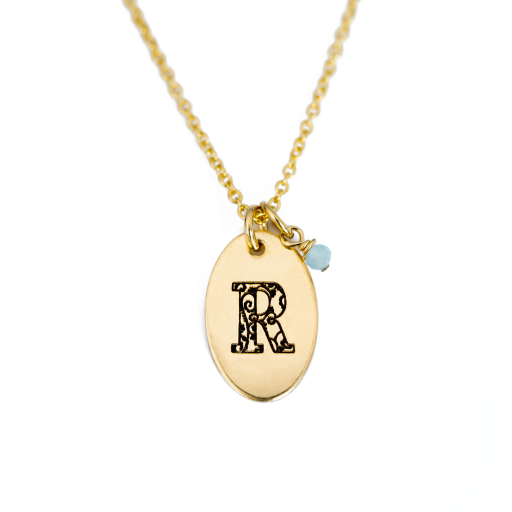 R - Birthstone Love Letters Necklace Gold and Aquamarine