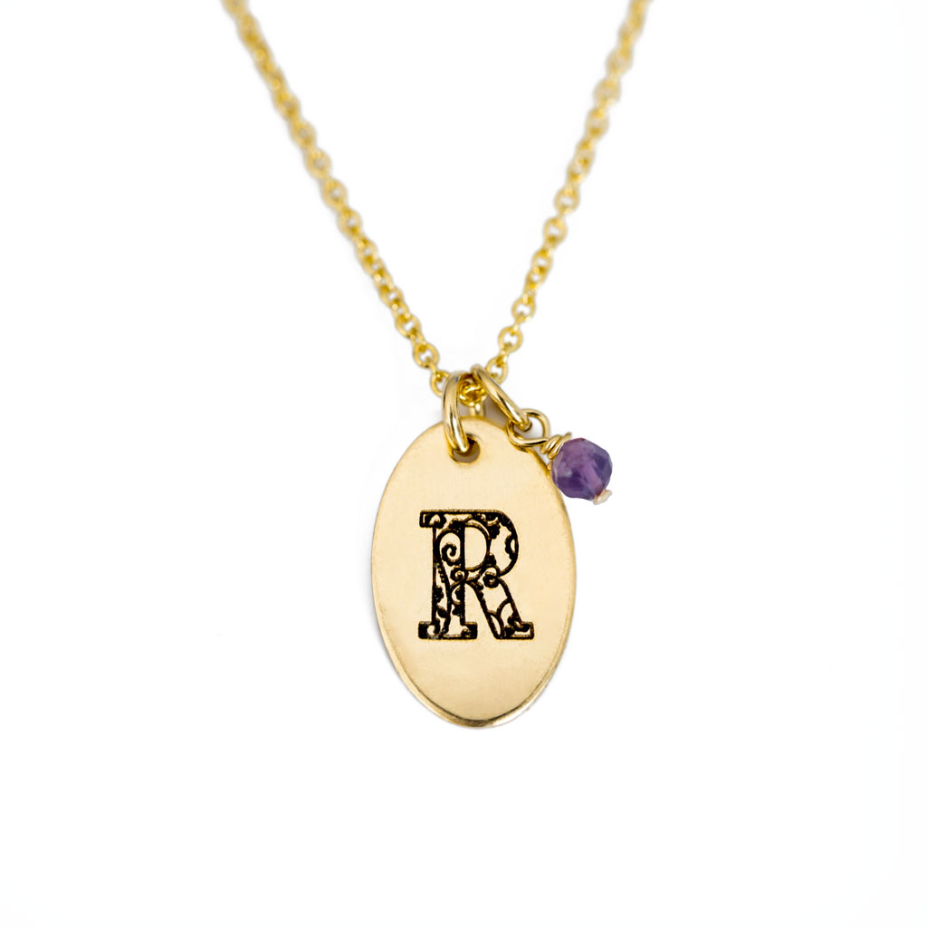 R - Birthstone Love Letters Necklace Gold and Amethyst