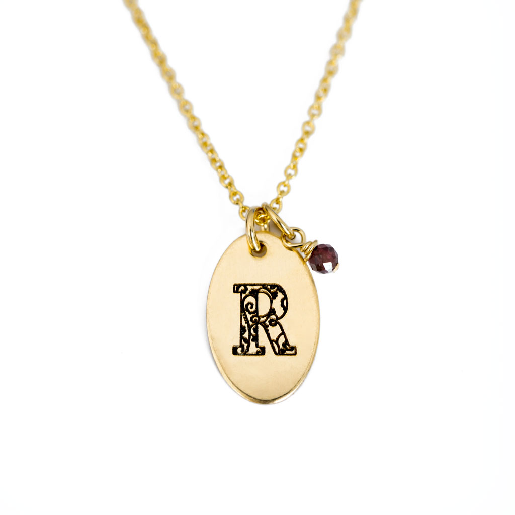 R - Birthstone Love Letters Necklace Gold and Red Garnet