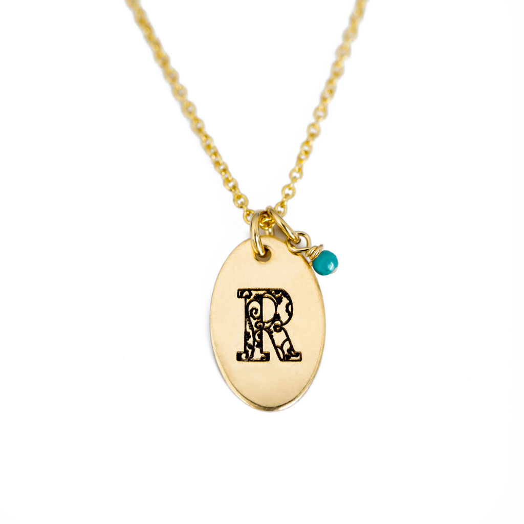 R - Birthstone Love Letters Necklace Gold and Turquoise