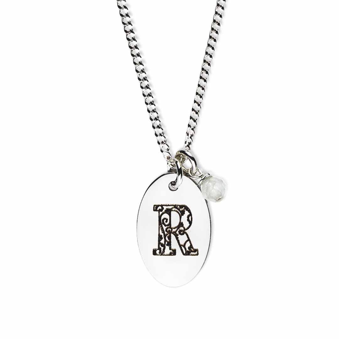 Initial-necklace-r-silver clear quartz