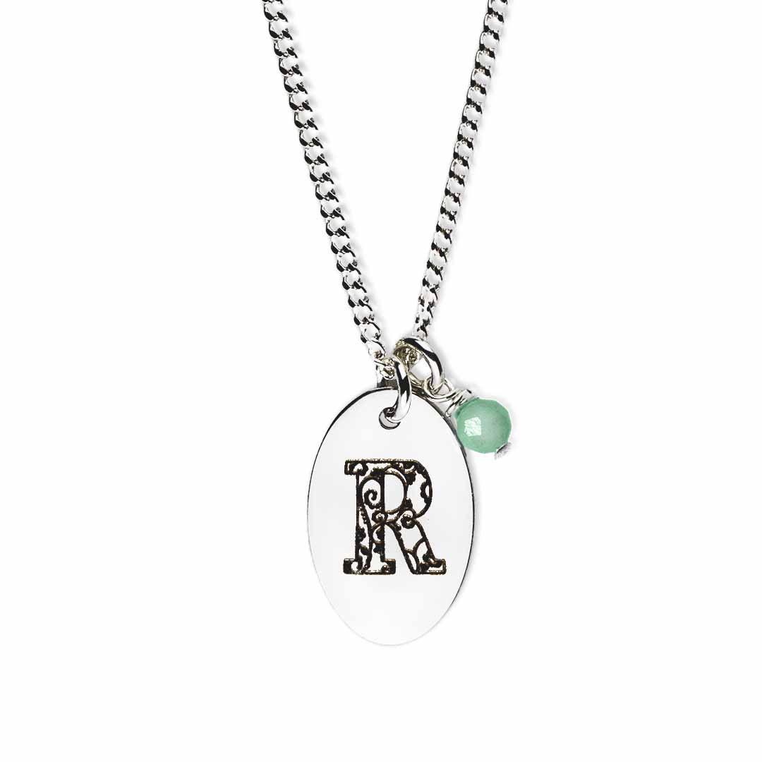 Initial-necklace-r-silver emerald
