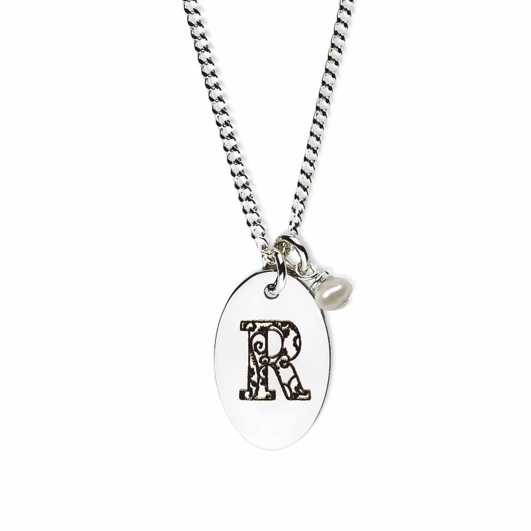Initial-necklace-r-silver pearl