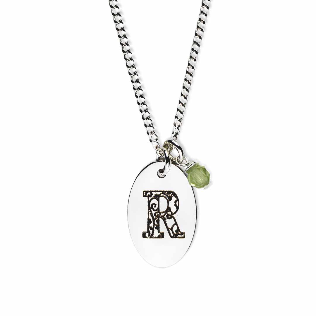 Initial-necklace-r-silver peridot