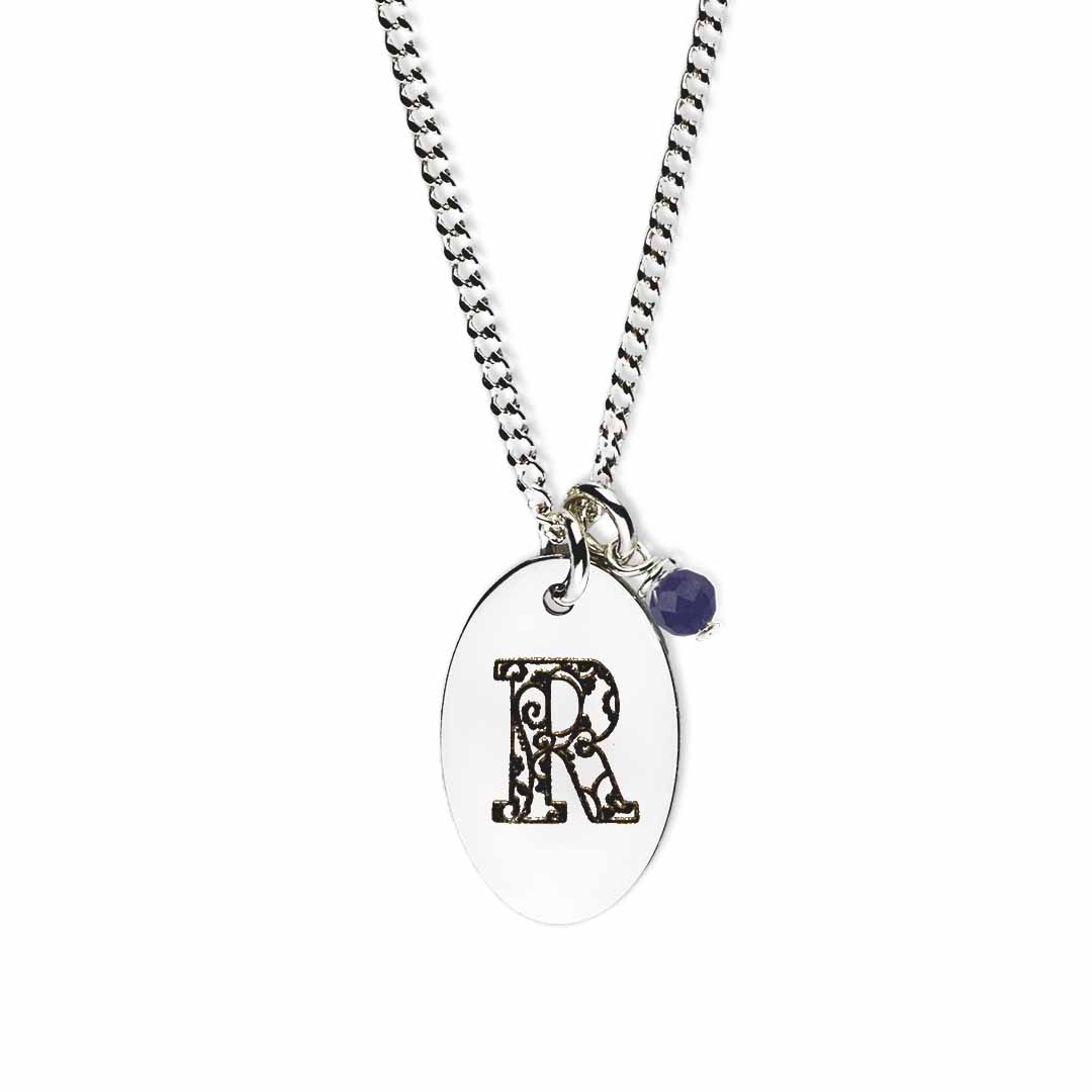 Initial-necklace-r-silver sapphire