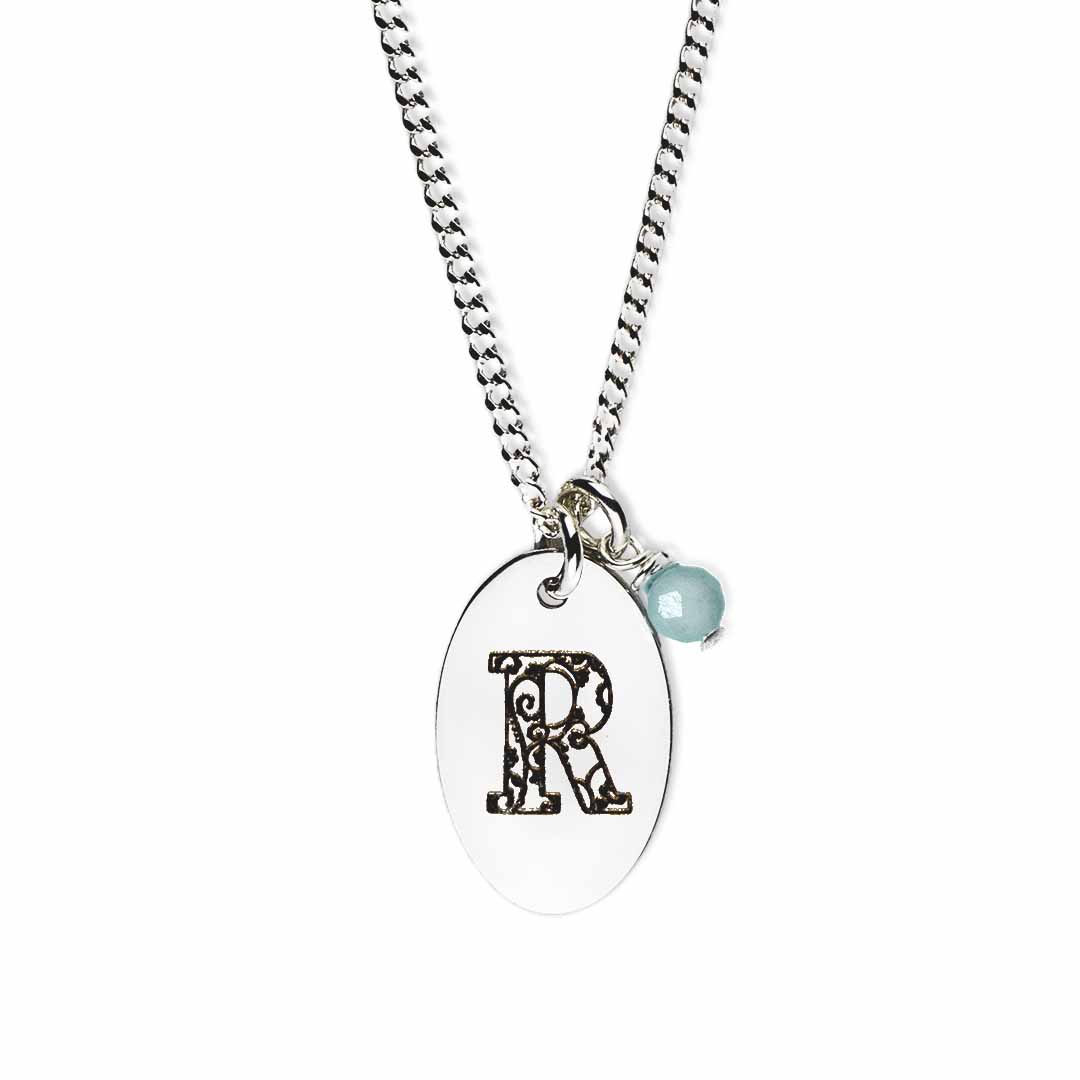 Initial-necklace-r-silver aquamarine