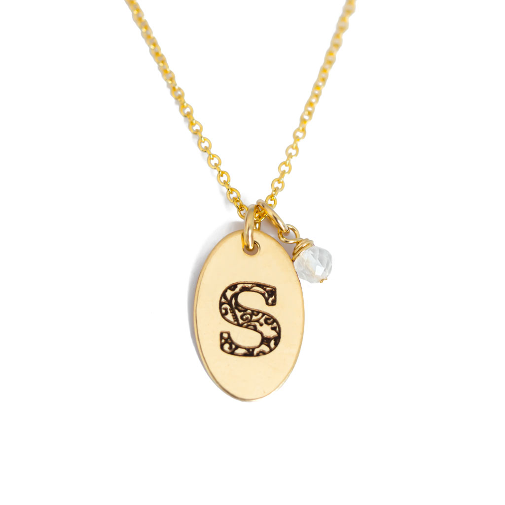 S - Birthstone Love Letters Necklace Gold and Clear Quartz