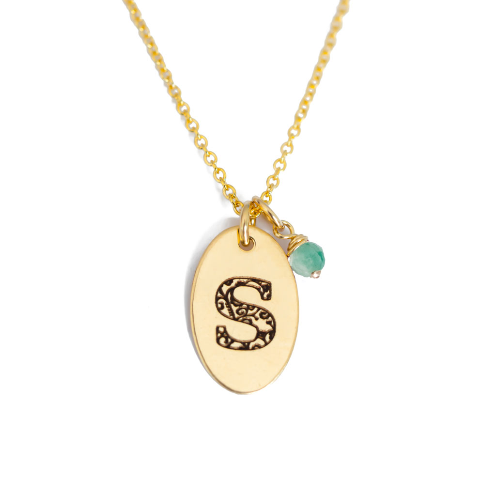 S - Birthstone Love Letters Necklace Gold and Emerald