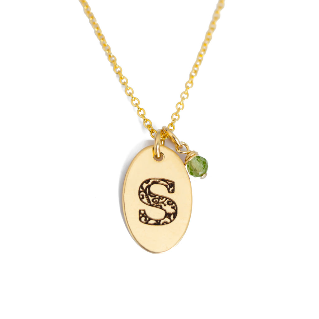 S - Birthstone Love Letters Necklace Gold and Peridot