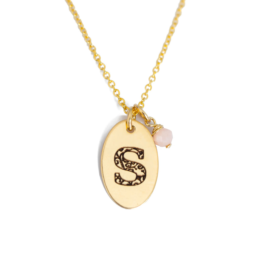 S - Birthstone Love Letters Necklace Gold and Pink Opal