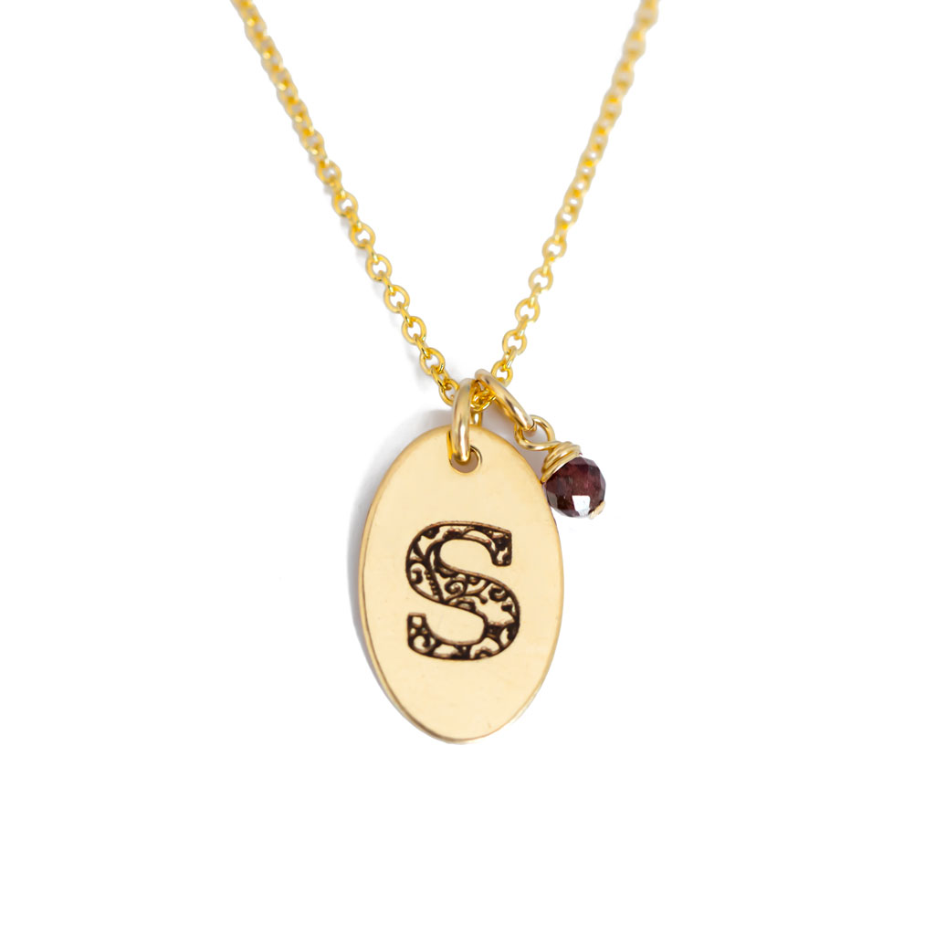S - Birthstone Love Letters Necklace Gold and Red Garnet