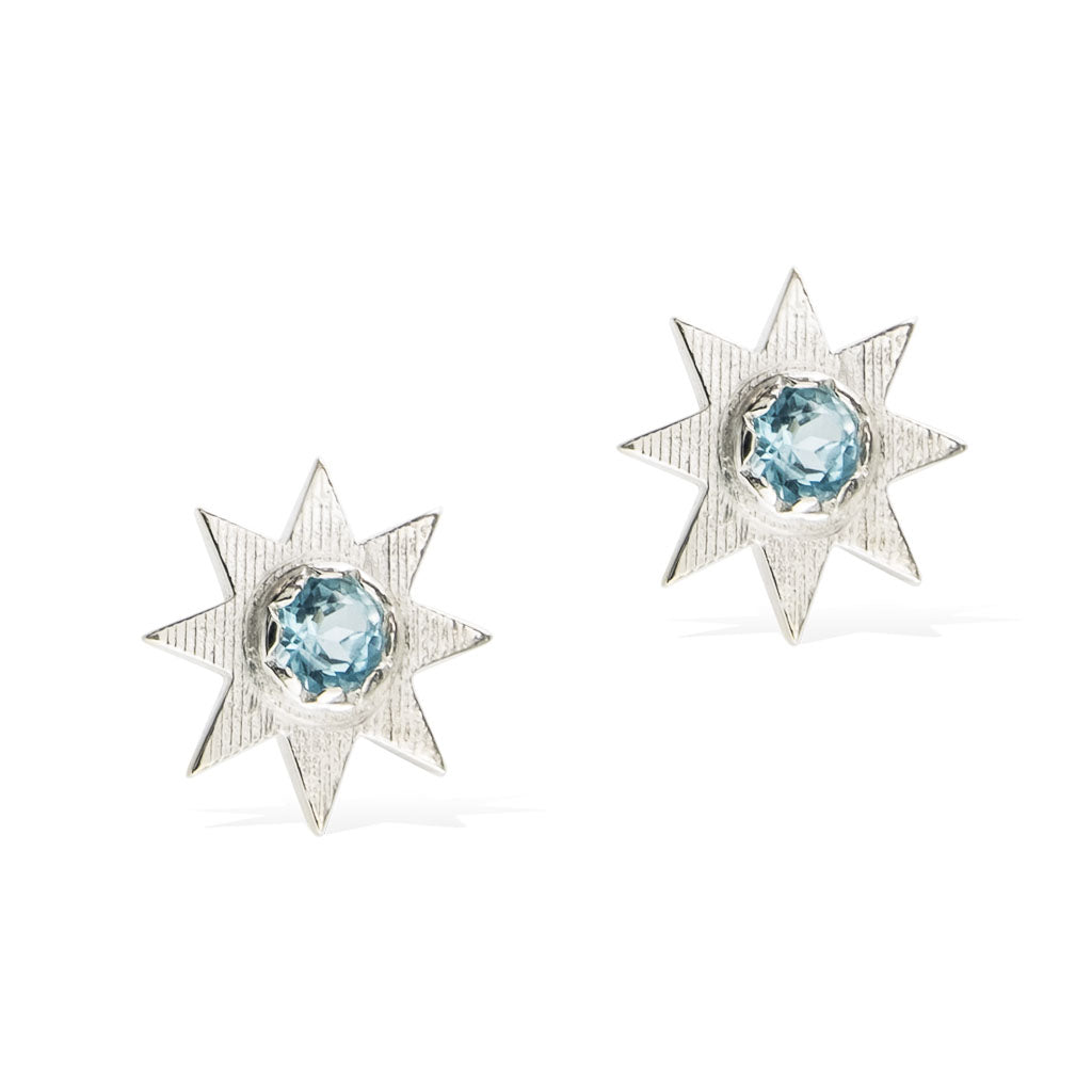 SOLSTICE STAR EARRINGS -  Sterling Silver with Swiss Blue Topaz