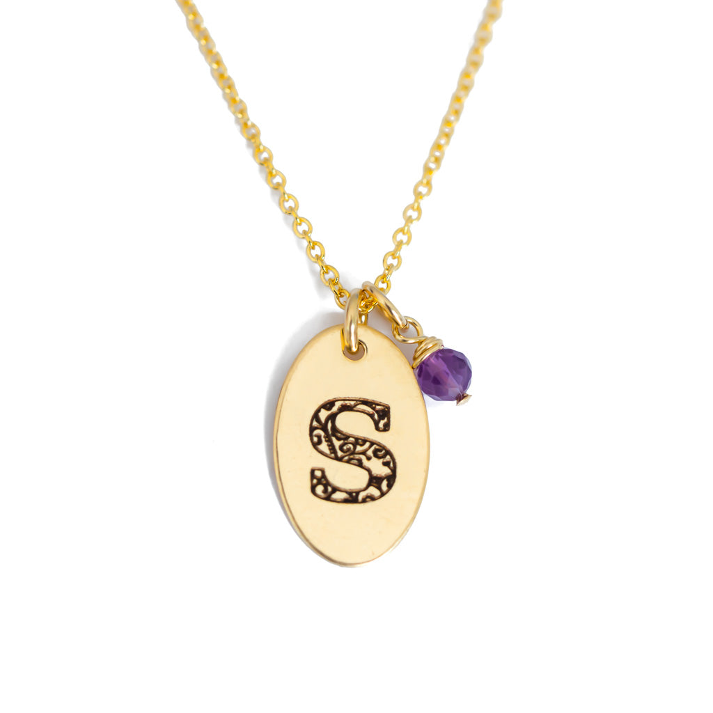 S - Birthstone Love Letters Necklace Gold and Amethyst