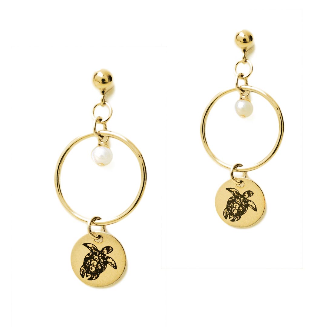 Sea Turtle Earrings - Gold and Pearl