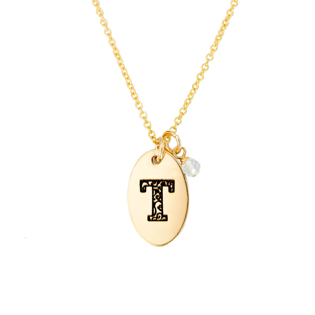 T - Birthstone Love Letters Necklace Gold and Clear Quartz