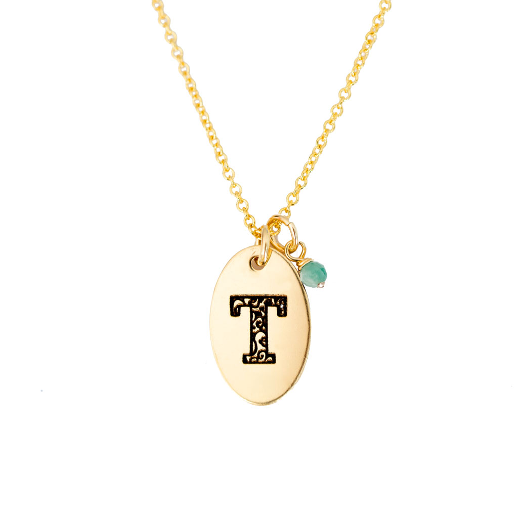 T - Birthstone Love Letters Necklace Gold and Emerald